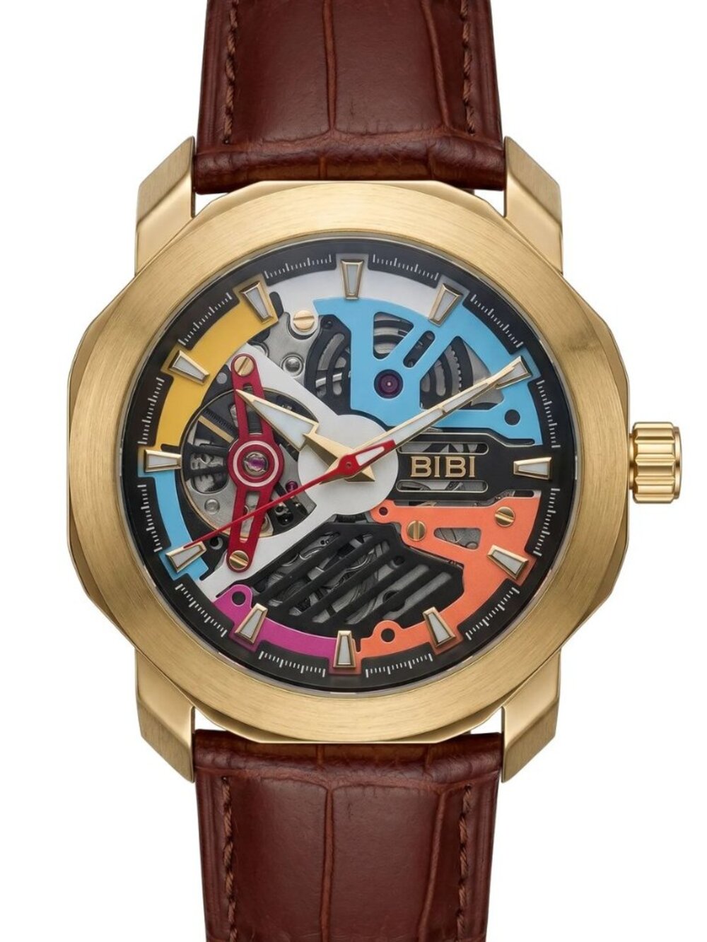 BiBi-B1113 Gold case, multi-color dial, coffee leather strap